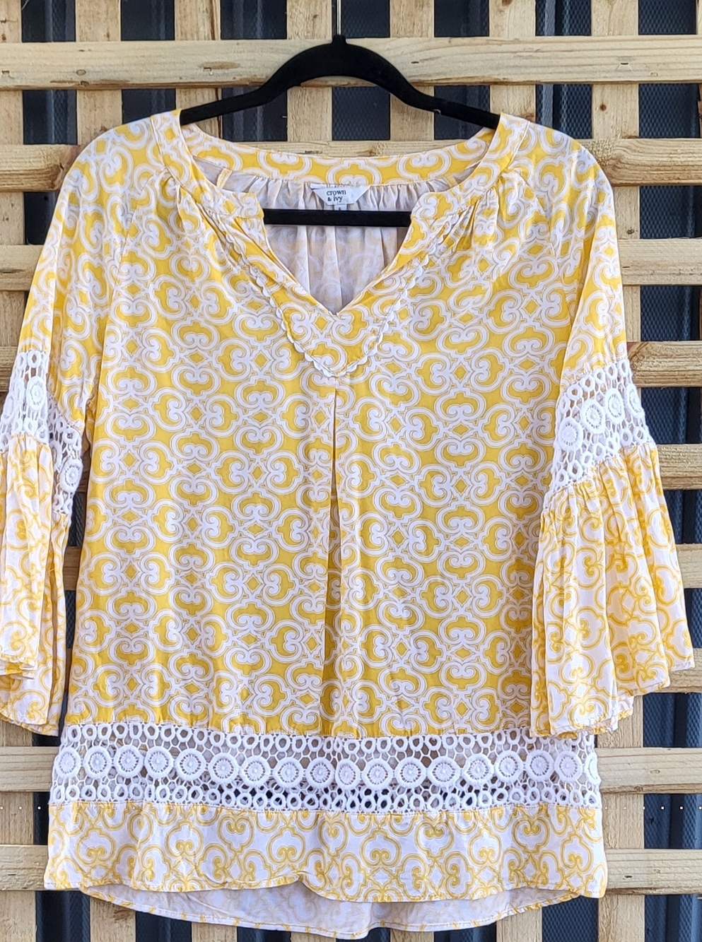 Women's Yellow Crochet-Trim Printed Blouse